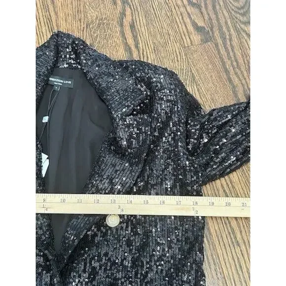 Generation Love Nyla Sequin Blazer‎ Jacket Double Breasted Long Sleeve Black S